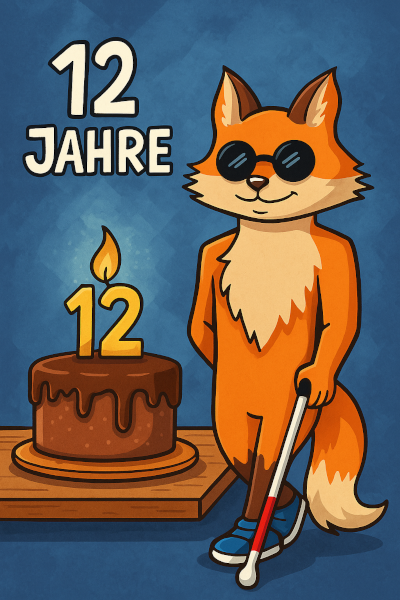 Das Blindfuchs Maskotchen feiert mit einer Torte den 12. Geburtstag