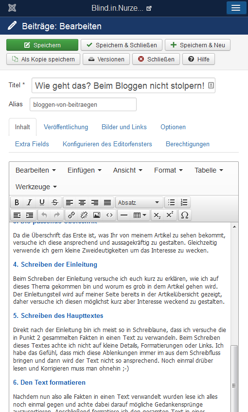 Screenshot der JoomlaOberfläche beim erstellen des Beitrags