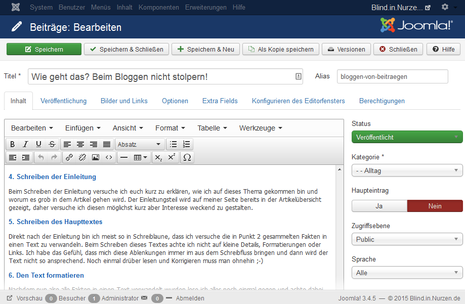 Screenshot der JoomlaOberfläche beim erstellen des Beitrags