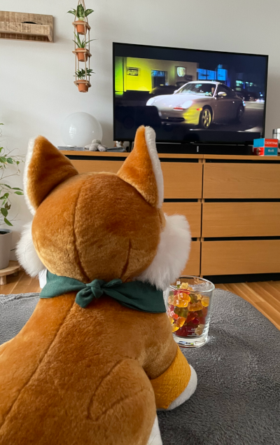 Der Kuscheltier Blindfuchs beim Fernseh schaun